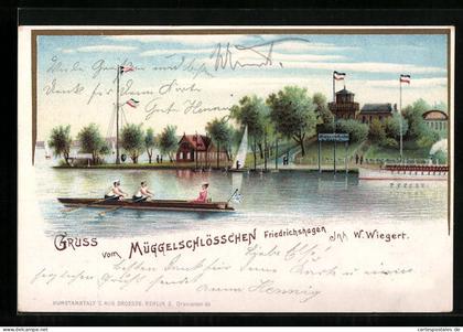 Lithographie Berlin-Köpenick, Gasthaus Müggelschlösschen mit Bootspartie