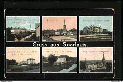 AK Saarlouis, Kreis-Sparkasse Königliches Landratsamt mit neuer evangelischer Kirche, Gymnasium mit Krankenhaus