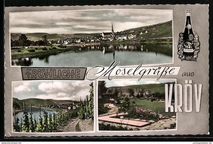 AK Kröv /Mosel, Ortspanorama, Weinstöcke, Gartenanlage