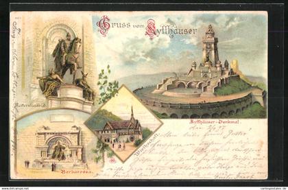 Lithographie Kyffhäuser, Gasthaus, Kyffhäuser-Denkmal, Reiterstandbild