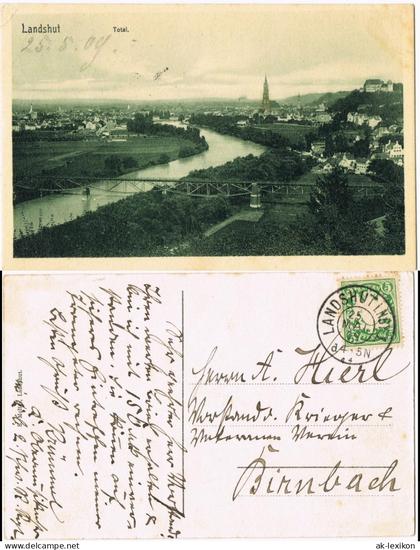 Ansichtskarte Landshut Totale, Brücke 1909 gel. Stempel Landshut