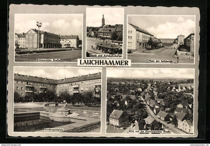 AK Lauchhammer, Blick auf den Markt und Autobahnhof, Partie am Kindergarten des VEB Braunkohlekombinat