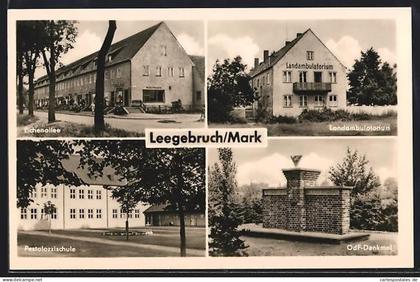 AK Leegebruch, Eichenallee, Pestalozzischule, OdF-Denkmal, Landambulatorium