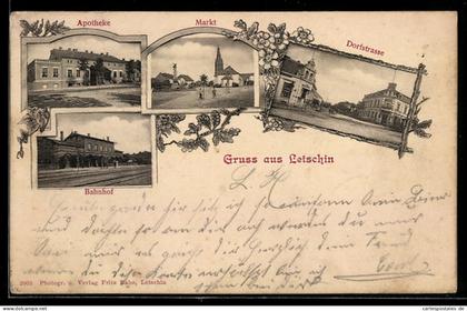 AK Letschin, Bahnhof, Apotheke, Markt und Strassenpartie