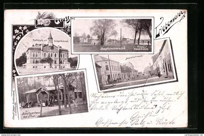 AK Liebenwalde, Rathaus mit Kriegerdenkmal, Schützenhaus im Haidchen, Marktstrasse, Dampfschneidemühle