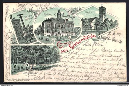 Lithographie Liebenwalde, Kriegerdenkmal, Rathaus, Schützenhaus im Haidchen & Kirche