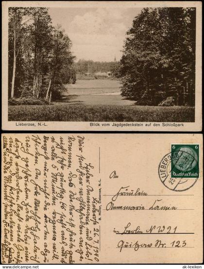Ansichtskarte Lieberose Blick vom Jagdgedenkstein auf den Schloßpark 1928