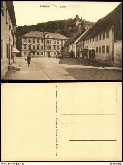 Ansichtskarte Liebstadt Markt, Geschäfte 1922