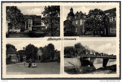 C2558 alte MBK Ansichtskarte Löningen i. Oldenburg Schule Brücke - gel 1957