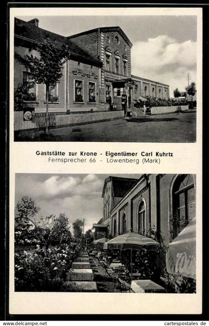 AK Löwenberg /Mark, Gaststätte zur Krone, Eigentümer Carl Kuhrtz, Blick auf die Terrasse