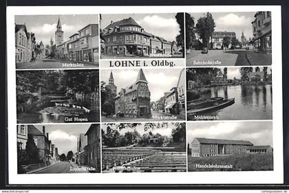 AK Lohne i. Oldbg., Brinkstrasse, Bahnhofstrasse, Handelslehranstalt