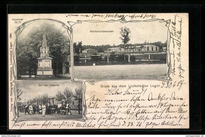 AK Hamburg-Lokstedt, Lockstedter Lager, Denkmal 70 /71, Wellblechbaracken und Soldaten bei der Wäsche
