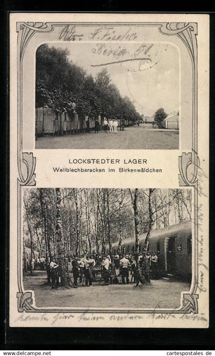 AK Hamburg-Lokstedt, Lockstedter Lager, Wellblechbaracken im Birkenwäldchen