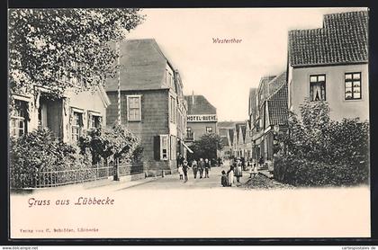 AK Lübbecke, Westerthor, Strassenpartie mit Hotel Ruehe