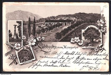 Lithographie Lübbecke, Kriegerdenkmal, Wartturm, Reineberg's Linde