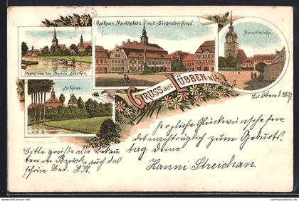 Lithographie Lübben, Hauptkirche, Rathaus, Marktplatz mit Siegesdenkmal