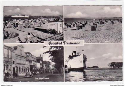 39070989 - Luebeck Travemuende, 4 Abbildungen mit  Zur Jaegerklause  gelaufen, 1957. Leicht buegig, sonst gut erhalten