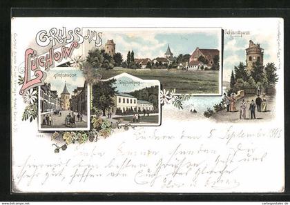 Lithographie Lüchow, Gasthof Schützenhaus, Schlossturm, Kirchstrasse
