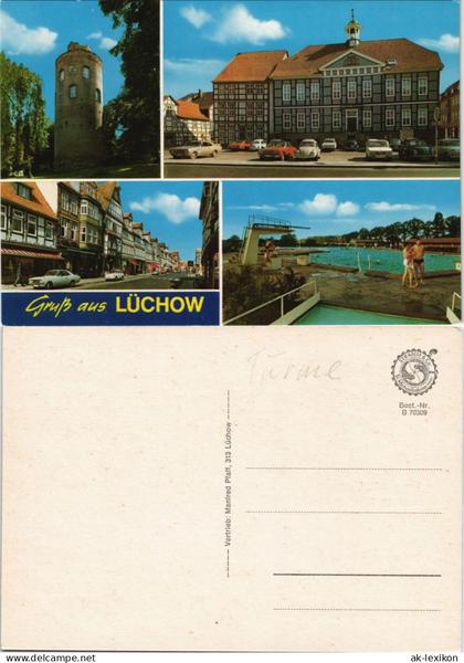 Lüchow (Wendland) Mehrbild-AK mit Gebäuden, Straße, Freibad 1970