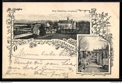 AK Lüdinghausen, Burg Vickering u. Umgebung, Zugbrücke, Blumen
