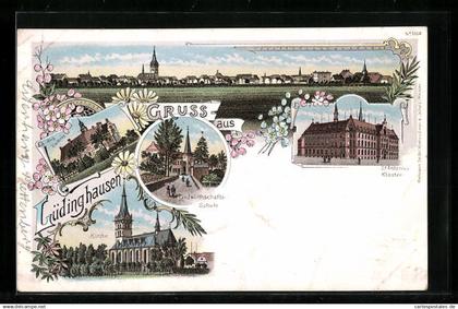 Lithographie Lüdinghausen, Ortsansicht, Landwirtschafts-Schule, St. Antonius-Kloster, Kirche