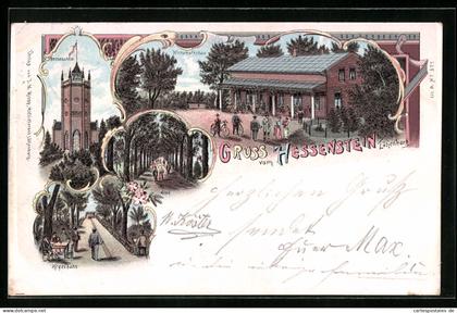 Lithographie Lütjenburg, Gasthaus Hessenstein, Kegelbahn, Allee