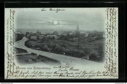 Mondschein-AK Lütjenburg, Ortsansicht mit Landstrasse