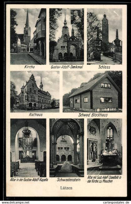 AK Lützen, Gustav-Adolf-Denkmal, Rathaus, Schwedenstein