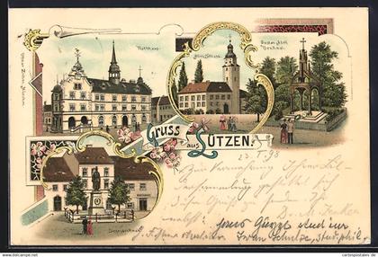 Lithographie Lützen, Rathaus, Altes Schloss, Gustav Adolf-Denkmal, Siegesdenkmal