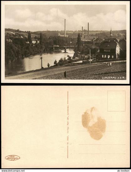 Ansichtskarte Lunzenau Stadt und Fabrikanlagen Schlote 1928