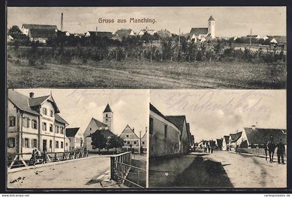 AK Manching, Strassenpartien mit Gasthaus Jungbräu, Ortsansicht