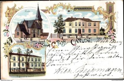 Lithographie Carlow Mecklenburg, Kirche, Gasthof, Schule