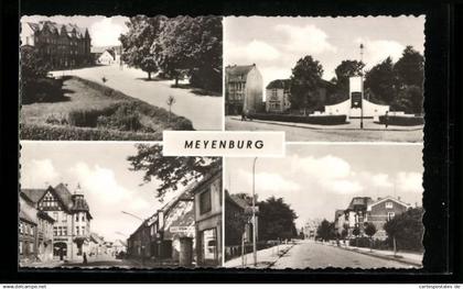 AK Meyenburg, Ortspartie, Strassenpartie und Denkmal