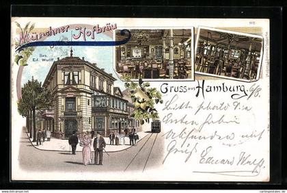 Lithographie Hamburg, Gasthaus Münchner Hofbräu in der Kleine Rosenstrasse mit Innenansichten, Bes. J. Welzow
