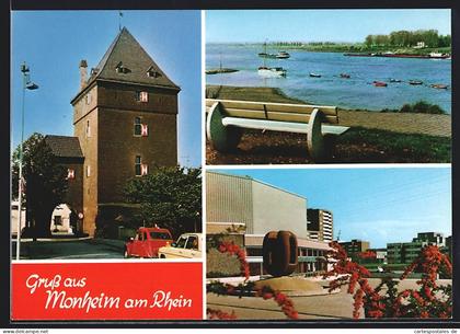 AK Monheim am Rhein, Strassenpartie am Tor, Uferpartie, Ortspartie