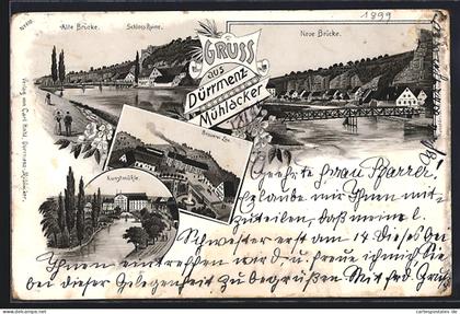 Lithographie Dürrmenz-Mühlacker, Brauerei Leo, Alte Brücke und Schloss-Ruine, Kunstmühle