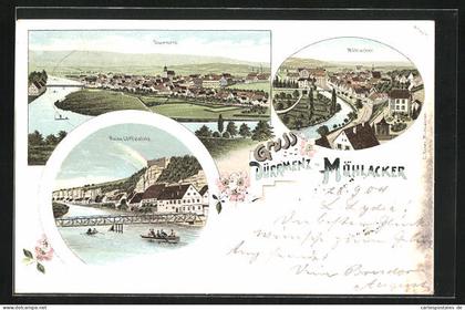 Lithographie Mühlacker, Teilansicht, Dürrmenz, Ruine Löffelstelz