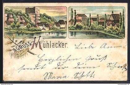 Lithographie Mühlacker, Teilansicht mit Burg, Teilansicht am Wasser