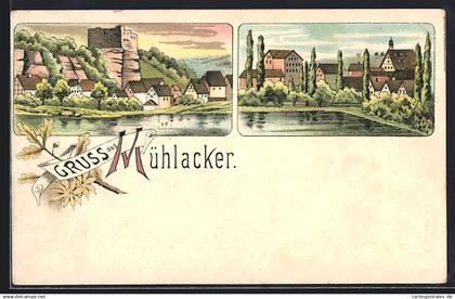 Lithographie Mühlacker, Teilansicht mit Burg, Teilansicht am Wasser