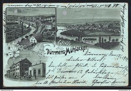 Mondschein-Lithographie Dürrmanz-Mühlacker, Teilansichten, Bahnhof