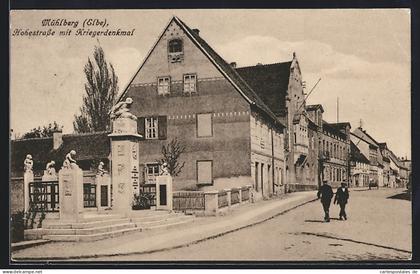 AK Mühlberg / Elbe, Hohestrasse mit Kriegerdenkmal