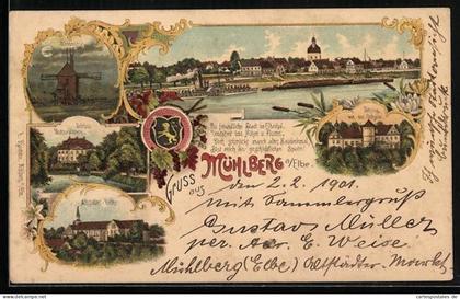 Lithographie Mühlberg a. Elbe, Windmühle, Schloss von der Ostseite, Schloss Martinskirchen