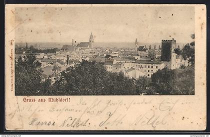 AK Mühldorf, Ortsansicht mit zinnenbewehrtem Turm
