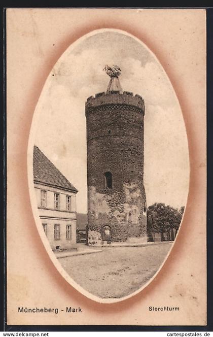 AK Müncheberg-Mark, Siorchturm mit nestenden Störchen