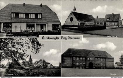 CPA Kirchweyhe Weyhe Niedersachsen, Bäcker, Gemischtwaren, Kath. Kirche, Ortspartie, Schule