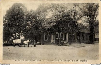 CPA Melchiorshausen Weyhe , Gasthaus zum Waldkater, Pferdewagen, Bäume, Melchiorshausen