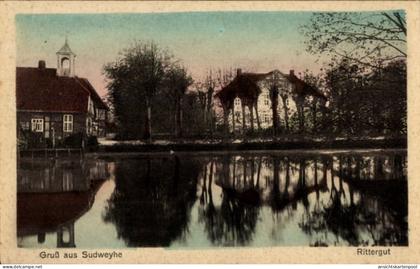CPA Sudweyhe Weyhe Niedersachsen, Gruß aus Rittergut, Wasserreflexion, Bäume, Gebäude