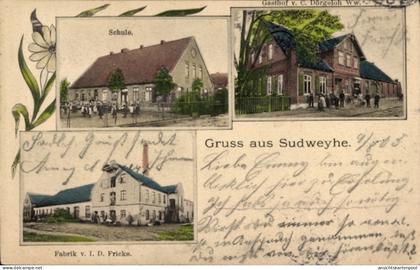 CPA Sudweyhe Weyhe Niedersachsen, Schule, Gasthof C. Dörgeloh Ww., Fabrik I. D. Fricke