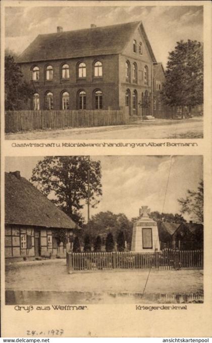 CPA Wettmar Burgwedel in Niedersachsen, Gastwirtschaft und Geschäft Albert Bormann, Kriegerdenkmal