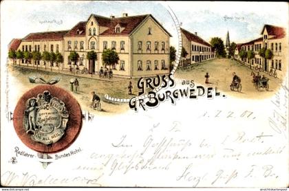 Lithographie Großburgwedel Burgwedel Niedersachsen, Gasthaus, Radfahrer-Bundeshotel